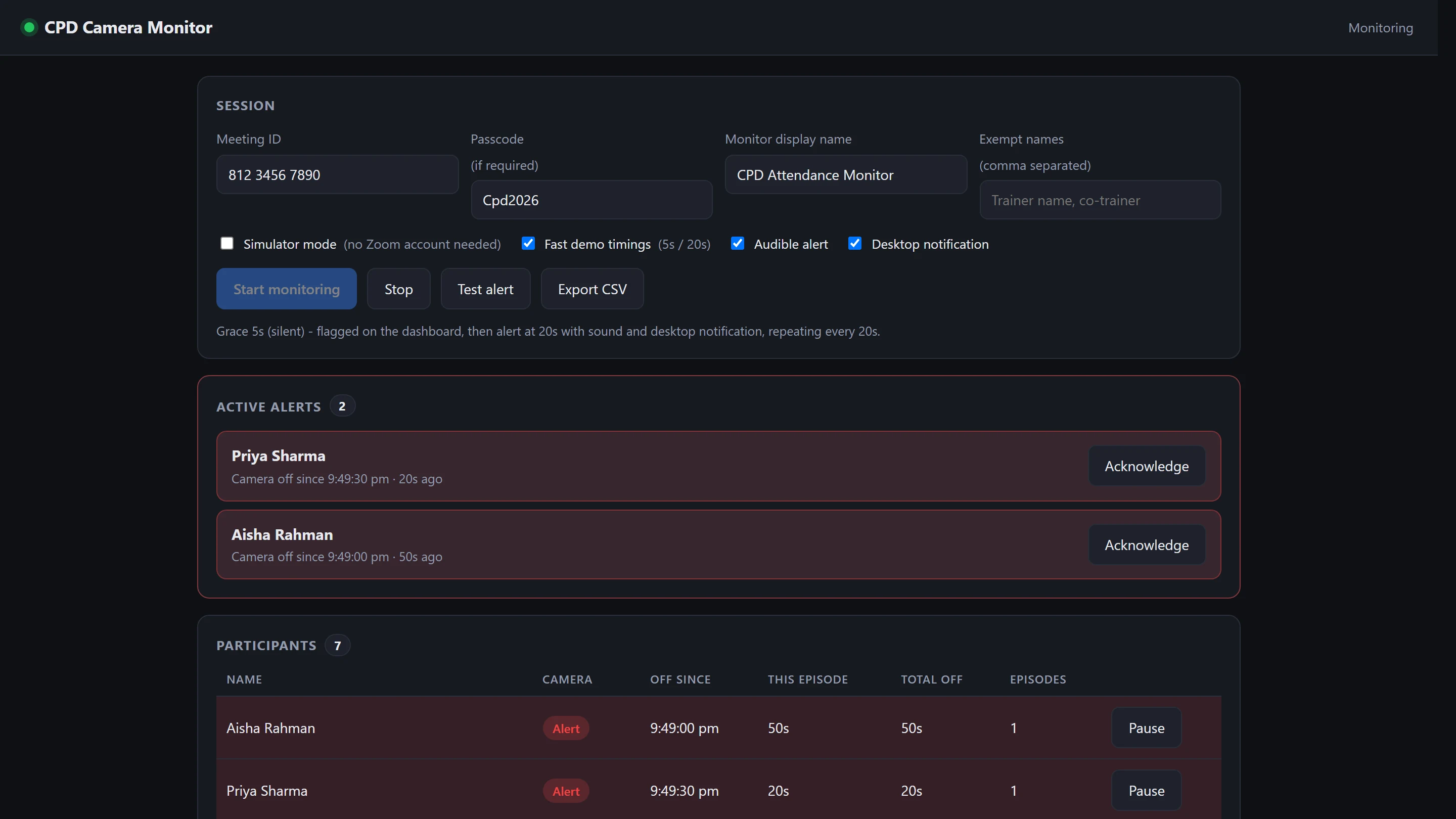 Zoom Camera Monitoring Software | Live Participant Camera-Off Alerts screenshot 1